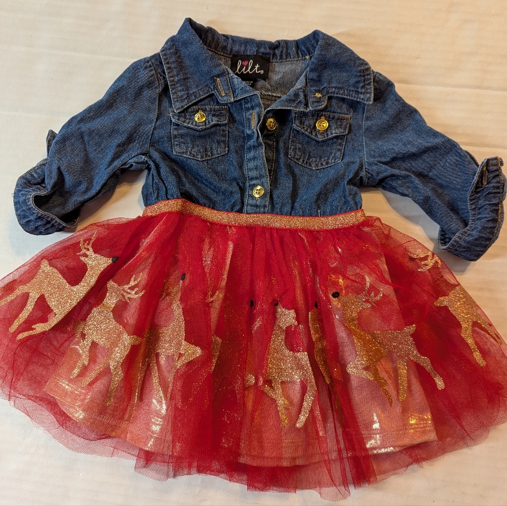Infants Denim and Red Tulle Dress with Gold Reindeer Size 12 Months